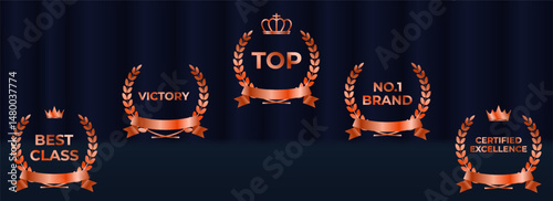 Elegant award emblem set features gold laurel wreath badges. Vector collection includes ribbons, stars, crowns for winners. Luxury nomination graphics suit best player recognitions. Certified prize