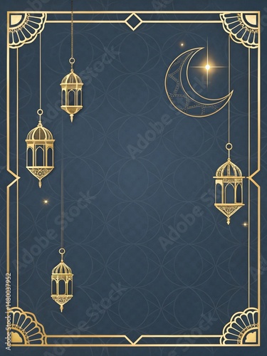 Navy blue minimalist Eid al-Adha background with gold lanterns, crescent, and stars for modern advertising