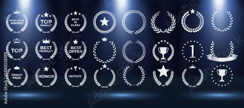 Elegant award emblem set features gold laurel wreath badges. Vector collection includes ribbons, stars, crowns for winners. Luxury nomination graphics suit best player recognitions. Certified prize