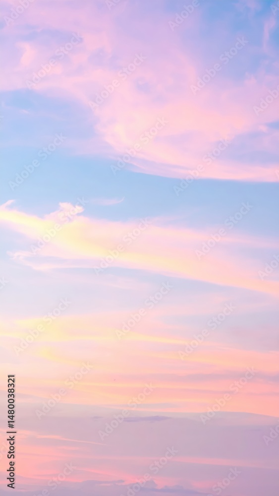 Obraz premium A serene pink sky at dusk, adorned with fluffy white clouds gently illuminated by the fading sunlight, creating a dreamy and tranquil atmosphere.