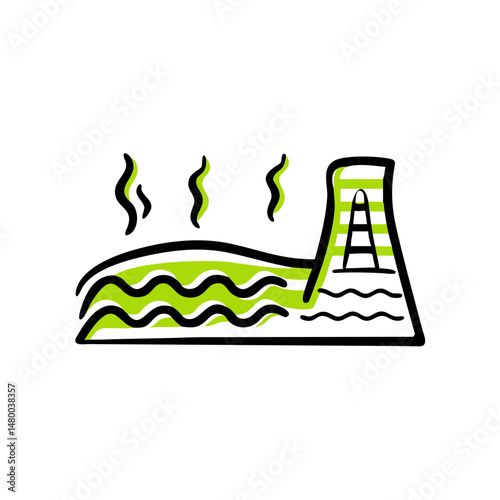 Minimalist geothermal energy illustration with steam and landscape  