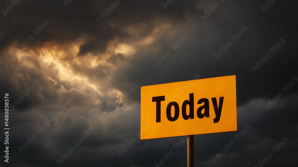Yellow sign saying 'Today' under dramatic sky Yellow sign saying 'Today' under dramatic sky