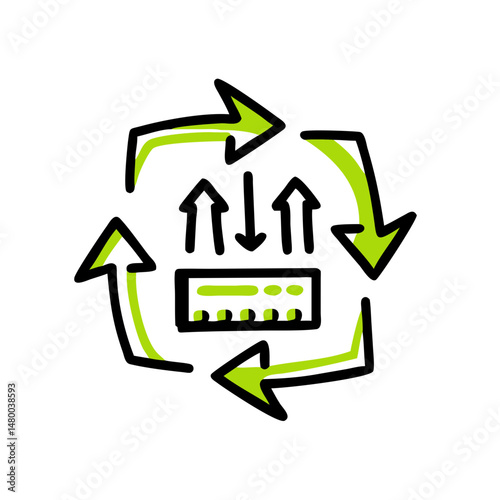 Recycling symbol with arrows representing waste management process  