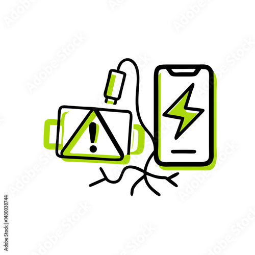 Electronic waste icon illustrating a broken battery and smartphone  