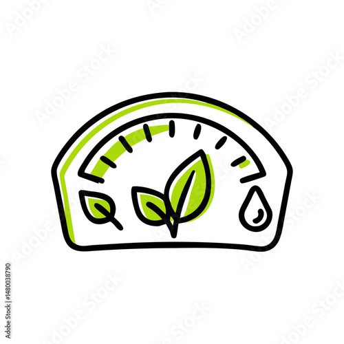 Eco-friendly gauge icon with leaves and water droplet in green  