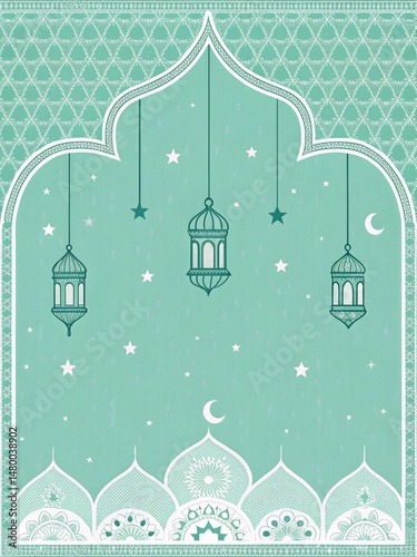 Mint green Eid al-Adha background with gold lanterns, crescent, and stars for fresh social media posts