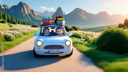 3D animated family road trip through pine forest on sunny day