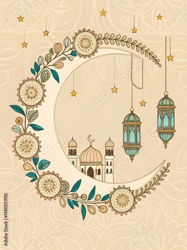 Cream and gold Eid al-Adha background with crescent moon, lanterns, and floral motifs for premium invitations