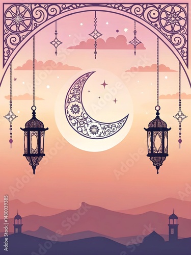 Pink sunset Eid al-Adha background with crescent moon, lanterns, and mosque silhouette for vibrant social media graphics