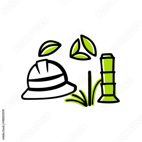 Construction helmet with green leaves and bamboo illustration  