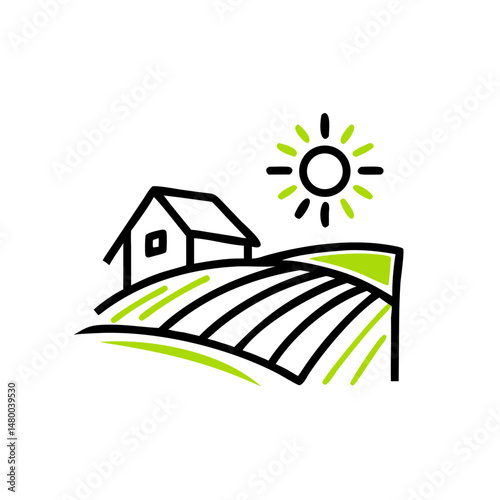 Minimalist illustration of farmland with house and sun shining  