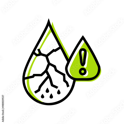 Drought warning icon depicting a cracked water droplet with alert  