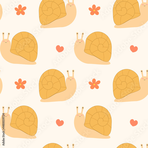 Seamless pattern with cute smiling snails. Funny insects. Flat vector pattern for kids design, decoration and print.