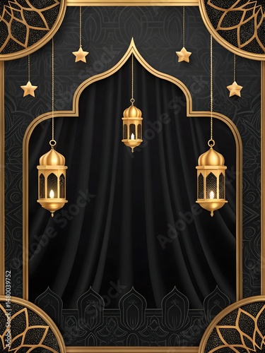 Black and gold Eid al-Adha background with mosque arch, lanterns, and crescent for luxury commercial banners