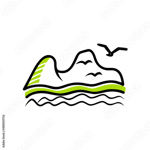 Minimalist vector icon of coastal cliffs with seagulls over waves  