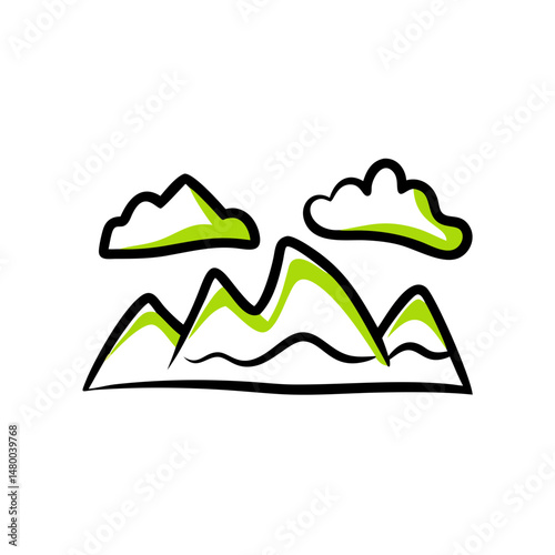 Minimalist mountain landscape icon with clouds in green tones  