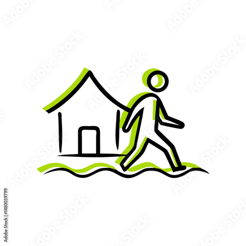 Person walking away from house in minimalist climate change icon  