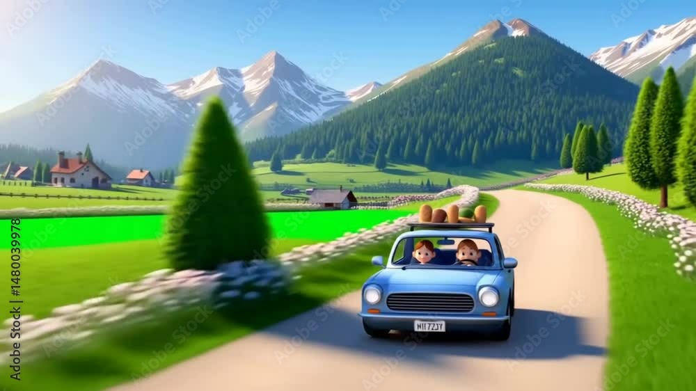 Small car drives on scenic rural road past snow-capped mountains. Road Trip Concept.