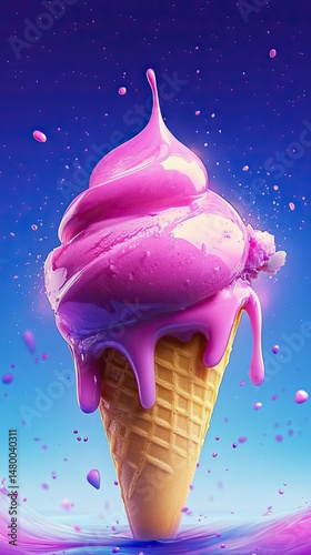 Pink ice cream cone, dripping with glossy, vibrant pink frosting,  against a starry, vibrant background.  Melted ice cream, splashes, and sprinkles