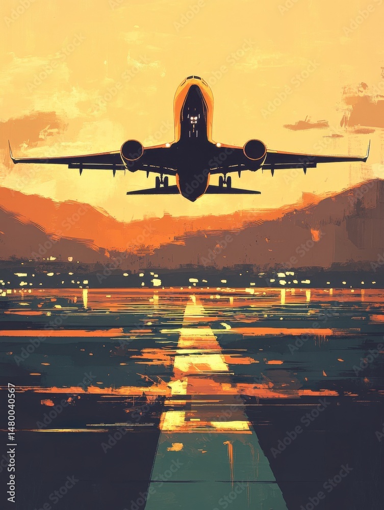 Fototapeta premium Airplane taking off at sunset front view illustration style from airport runway with city lights