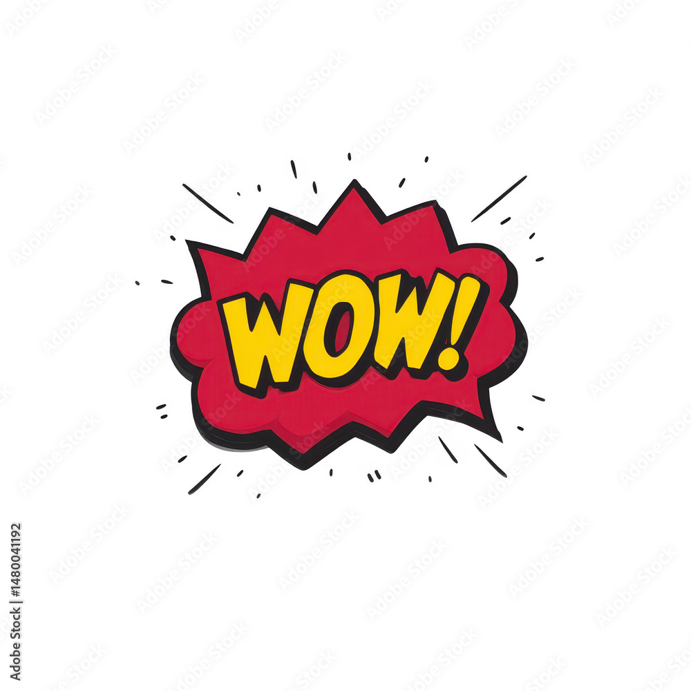 Naklejka premium Comic style WOW text in bold yellow letters with red explosion background, conveying excitement and surprise. design features playful, dynamic look typical of pop art graphics