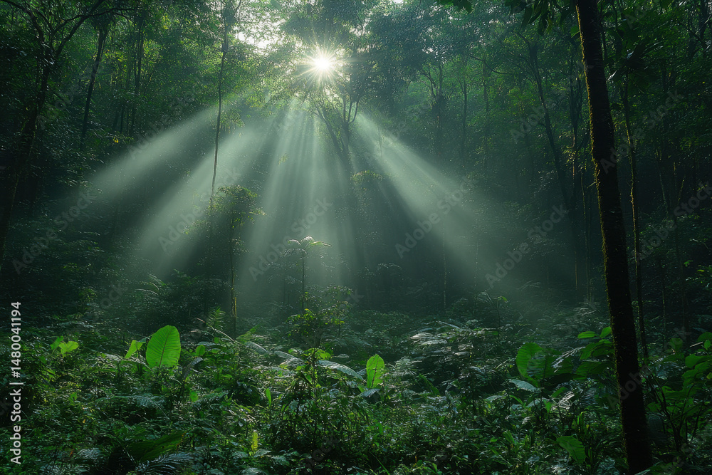 Fototapeta premium Sunbeam piercing through dense jungle foliage.