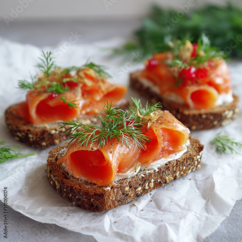 Scandinavian open-faced rye sandwiches with smoked salmon and dill