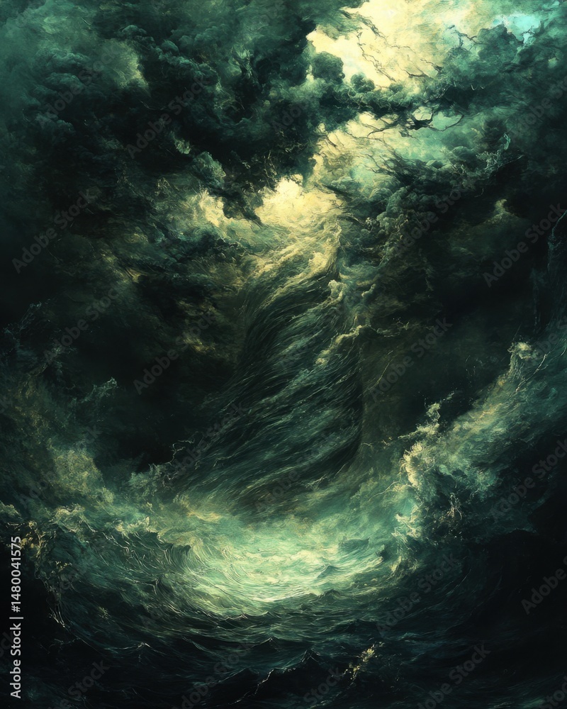 Abstract ocean storm painting style with dramatic sky and turbulent water motion in dark teal and gold tones Abstract ocean storm painting style with dramatic sky and turbulent water motion in dark teal and gold tones