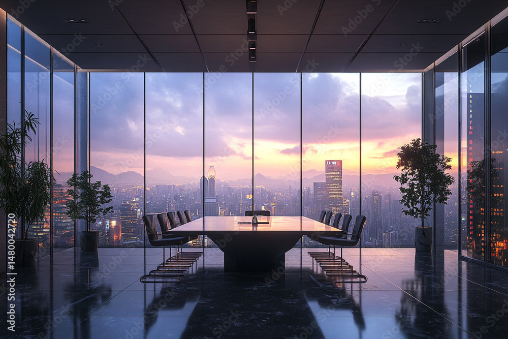 Fototapeta premium Modern city view boardroom sunset panoramic window skyscraper office