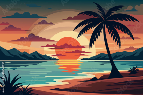 A sunset over a tropical island background
