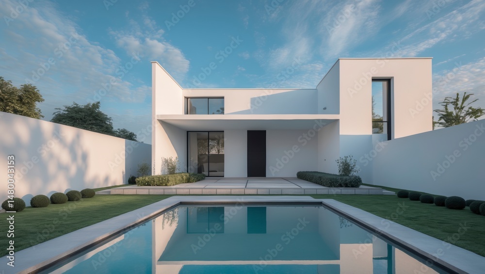 Fototapeta premium Modern minimalist suburban house with clean lines and expansive surrounded by lush greenery offering a bright and airy atmosphere for contemporary living