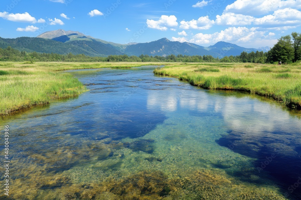 Serene River Flowing Through Lush Green Meadow Landscape with Mountain Backdrop Under Blue Sky in Summer Serene River Flowing Through Lush Green Meadow Landscape with Mountain Backdrop Under Blue Sky in Summer
