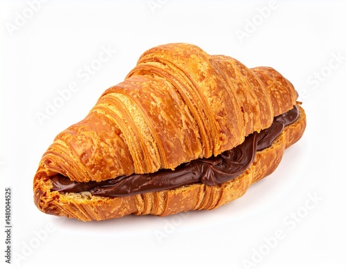 Golden-brown croissant filled generously with smooth, creamy chocolate spread against a clean white background