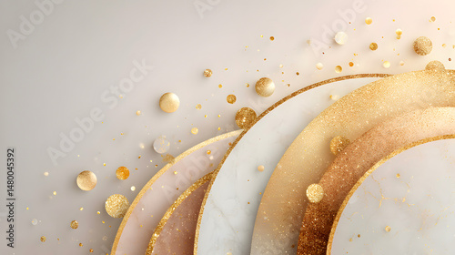 Abstract composition featuring layered circular shapes in soft pastel tones with golden accents and shimmering particles creating a modern artistic design. Selective focus