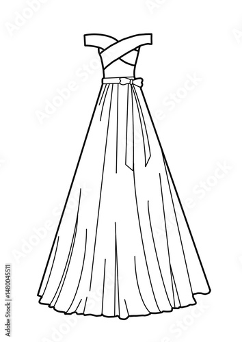 A black and white line art illustration of a long evening gown featuring a fitted bodice with a unique criss-cross off-the-shoulder design.