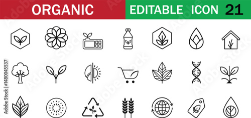 Organic Line Icon Set – 21 Editable Vector Symbols for Eco-Friendly, Sustainable, Natural Farming, Bio Products, and Green Living Projects. Ideal for packaging, labels, and branding.