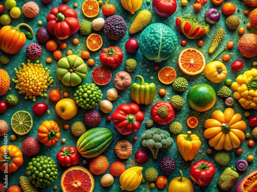 Abstract Organic Fruit & Vegetable Pattern Background - Vibrant Repeating Texture