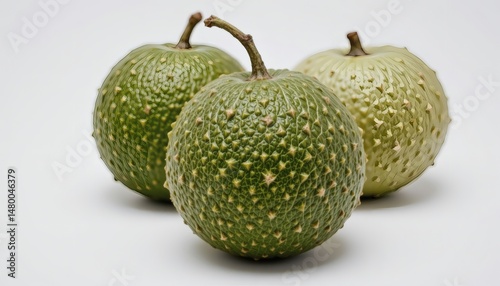 a juicy noni, white background, green skin, pungent smell, 4k resolution