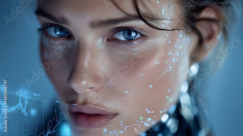 AI. Human form combined with science. Artificial intelligence and computers. Graphs and shapes, geometry. Latest technology. Future-oriented science and technology. AI creation. photo