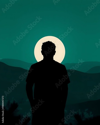 Man Silhouette Night Mountain Moon.