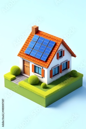 3D isometric house with solar panels on roof