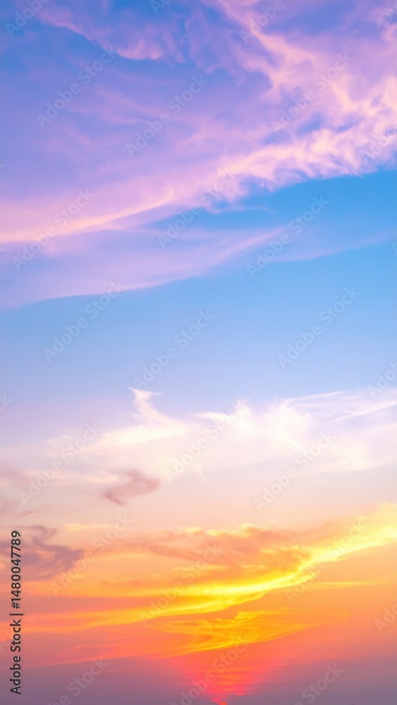 Fototapeta premium A breathtaking sunset paints the sky in vibrant hues of orange, pink, and purple, with fluffy clouds softly illuminated by the fading light.