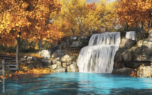 Waterfall cascades into turquoise pool amidst trees displaying autumn foliage, creating scenic landscape