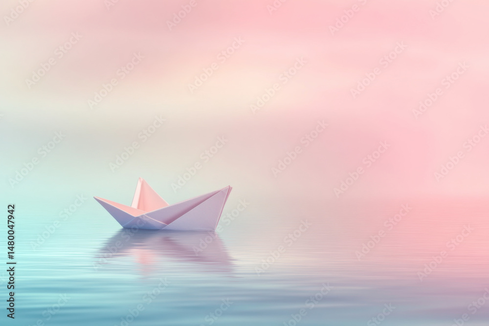 Obraz premium Pink origami paper boat sailing on calm pastel water
