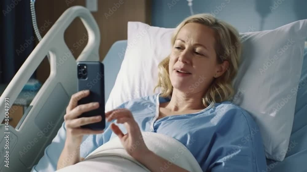 An Caucasian female woman in hospital bed, recovering. She is using smart phone video call to stay in touch with family