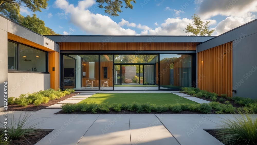 Fototapeta premium Impressive ushaped modern home featuring a central courtyard and stylish architecture in a tranquil residential setting surrounded by beautiful landscaping