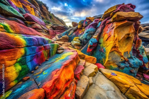 Abstract Spray Paint Rock Art: High-Resolution Stock Photo of Colorful Patterns on Rugged Stone