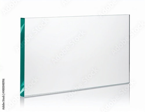Clear rectangular glass pane with a green-tinted edge, shown angled on a white surface