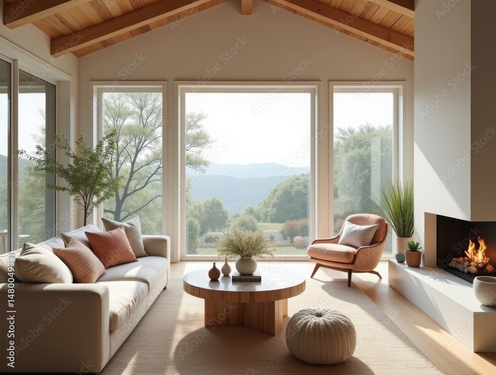 Fototapeta premium Scandinavian-style living room with soft pastel tones, cozy furniture, a fireplace, and large windows showcasing a serene outdoor view