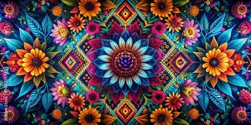 Abstract Tribal Flower Wallpaper: Double Exposure Floral Pattern Design